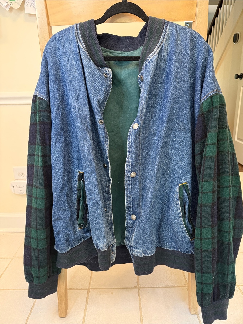 Men's Green & Blue flannel Denim Bomber Jacket